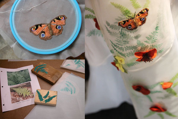 Layers of silk organza printed with ferns, adored with hand embroidered butterflies including the Peacock butterfly, mixed with hand crafted Poppies, Violets and Mountain Laurel.