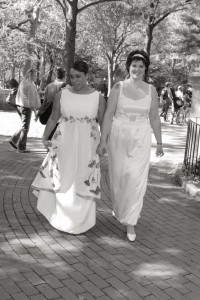 Leah and Laura's Custom Wedding Dresses | Boat Neck Wedding Dress | Beaded Wedding Dresses with Color | LGBT Wedding | Made in Vermont | Philadelphia, PA | Under $5000